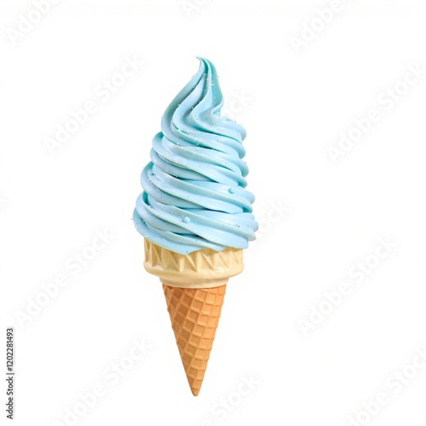 Fototapeta A large, vibrant blue ice cream cone with a creamy texture and sparkling sugar crystals on top, standing alone on a white backdrop.