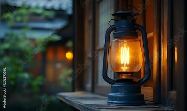 Obraz Glowing lantern on wooden sill with blurry background in warm and inviting setting