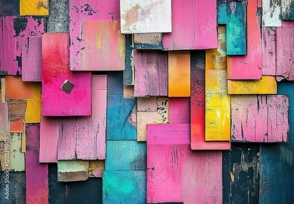 Fototapeta Abstract collage of colorful wood and paper pieces, textured background with distressed edges, vibrant pink hues