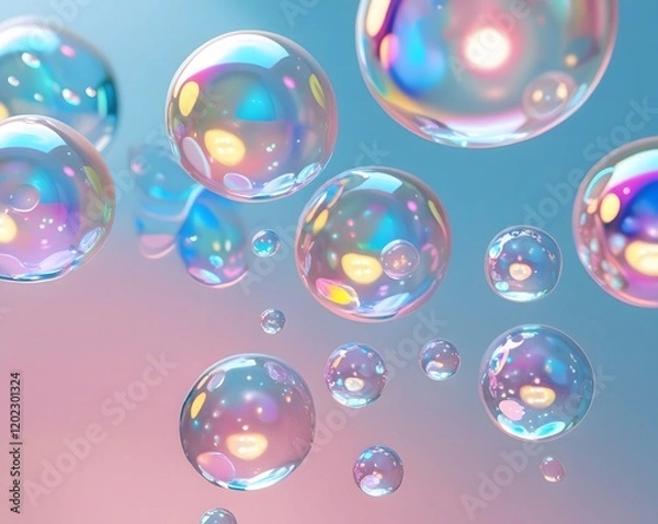 Fototapeta Translucent, colorful bubbles floating on a soft gradient create a whimsical, playful scene.