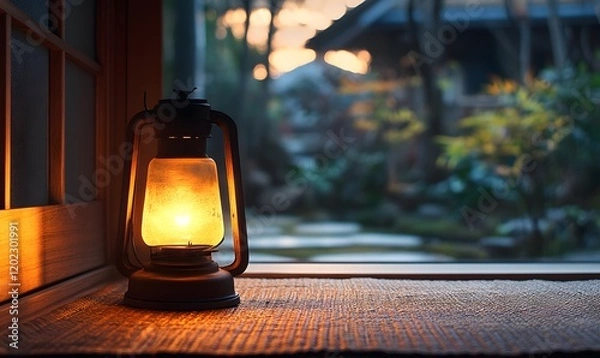 Obraz A warm glow emanates from an antique lamp on a woven mat against a blurred outdoor scene