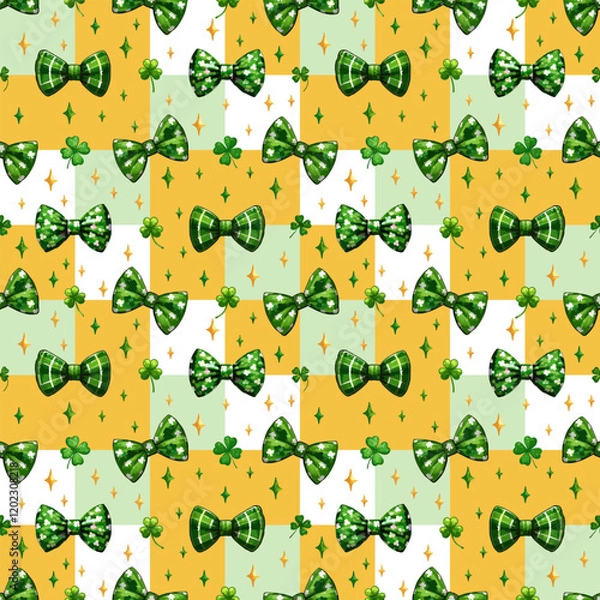 Obraz Seamless st patrick celebration pattern, green bow tie, clovers, festive holiday yellow background, traditional irish lucky repeat, charming textile, fabric, playful, whimsical, joyful, decorative
