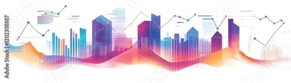 Fototapeta Vibrant city skyline with abstract data visualization elements and trends.
