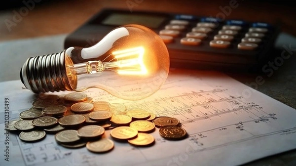 Fototapeta A light bulb on top of electricity weddingUNT, calculator and coins around it. The background is an electrical bill with lights turned off.