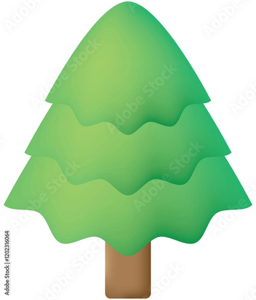 Obraz A modern, minimalist illustration of a pine tree with a smooth gradient in shades of green, giving a layered, three-dimensional look. The tree features symmetrical, wavy tiers and a simple brown trunk