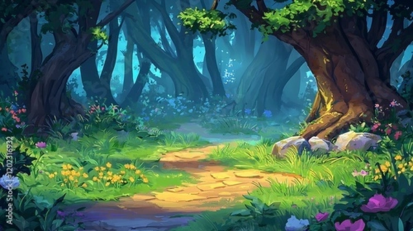 Fototapeta Enchanted forest path, game background, spring flowers, digital art