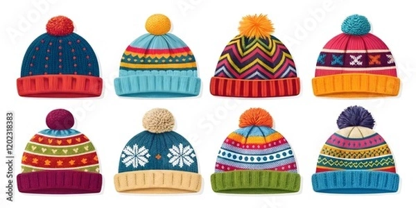 Fototapeta Colorful Winter Knit Hats with Festive Patterns and Pom Poms V5