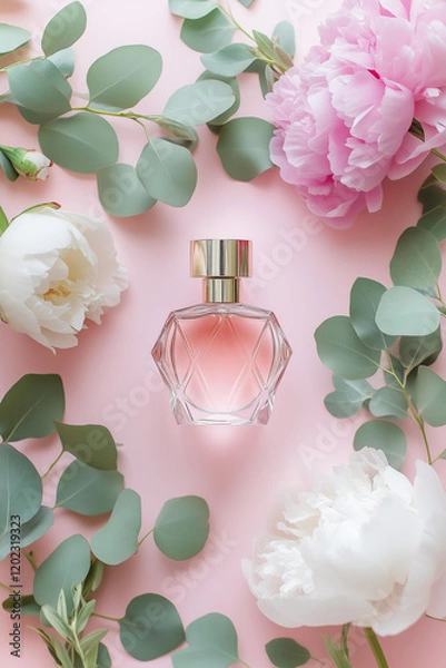 Fototapeta a minimalist flat lay photo of a perfume bottle with an elegant geometric design and a gold cap, placed on a soft pink background, surrounded by fresh eucalyptus leaves 