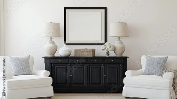Obraz Cozy interior of living space with two white sofas, black wooden cabinet close to flooring lamp and mock up poster frame. Home decor in room with template art in room on copy space wall