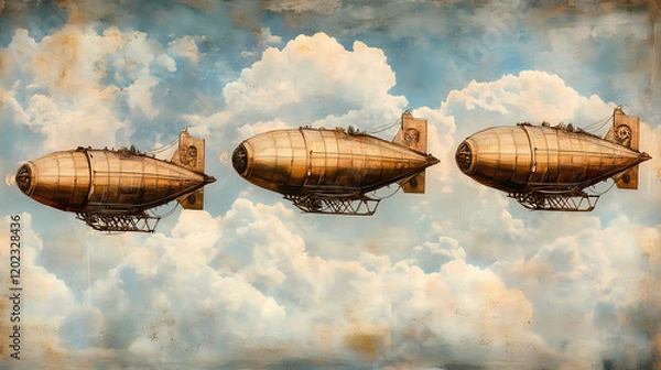 Fototapeta Three steampunk airships fly through a cloudy sky. Steampunk Airship Adventure. Illustration