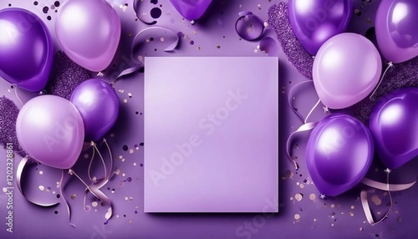 Obraz clean birthday invitation card with purple balloons and confetti