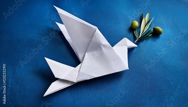 Fototapeta paper origami dove of peace with olive department on a blue background