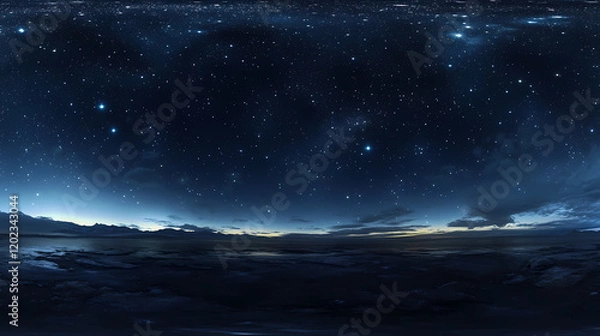 Fototapeta degree panoramic view of a starry night sky with equirectangular projection, hdri, background, space, stars, panorama. Celestial Starry Night. Illustration