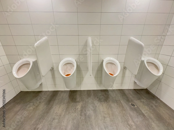 Obraz Clean Public Restroom with White Urinals at Zermatt Train Station