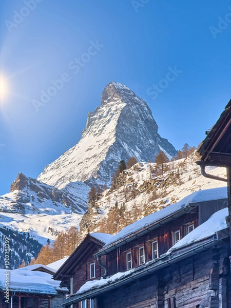 Obraz Snowy Matterhorn Peak on a Sunny Day Seen from Zermatt, Switzerland – Iconic Alpine Landscape