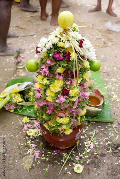 Obraz Traditional coconut kumbam for pooja. Traditional tamil pooja spread with coconut kumbam