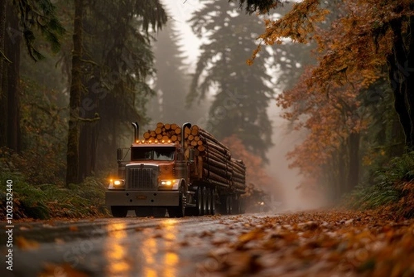 Fototapeta Logging truck navigates a misty forest road in autumn during a rainy day