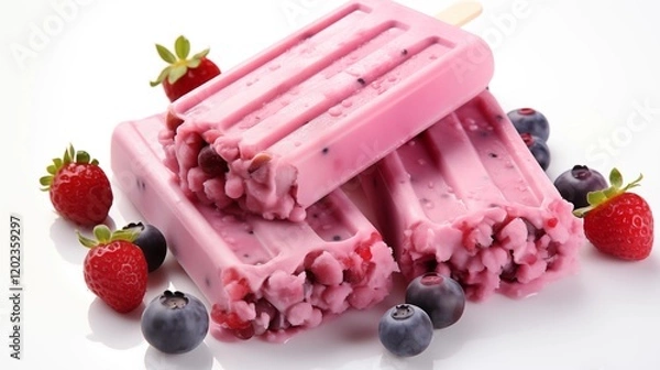 Fototapeta Colorful berry popsicle with pink and purple swirls, ideal for summer and dessert themes, studio view.