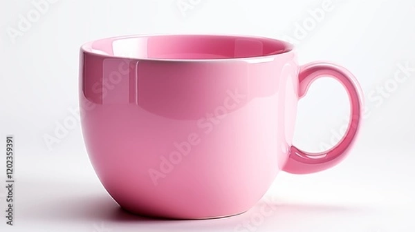 Fototapeta Beautiful pink ceramic coffee mug with a curved handle and glossy shine, studio view.