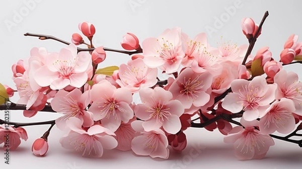 Fototapeta Close-up of pink cherry blossoms in full bloom against a soft blurred background, studio view.