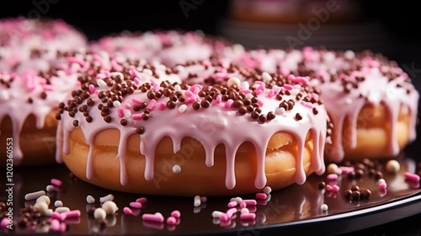 Fototapeta A pink frosted donut topped with colorful sprinkles, isolated on a white background, studio view.