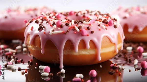 Fototapeta Pink frosted donut with confetti sprinkles, placed on a white napkin, perfect for parties, studio view.