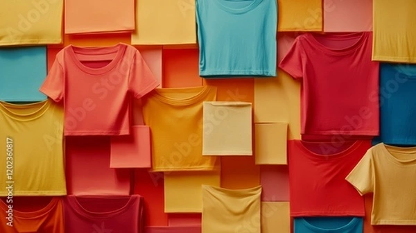 Fototapeta Colorful T Shirts Arranged in a Grid Pattern Showing Various Solid Hues and Textile Textures