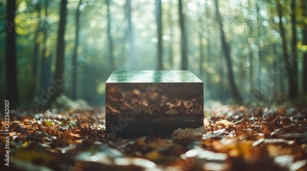 Fototapeta A reflective cube resting on a carpet of autumn leaves captures the surrounding forest's essence, embodying a blend of nature and abstract forms that intrigue the viewer.