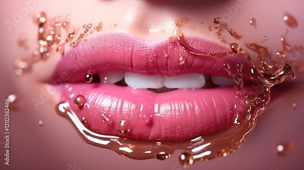 Fototapeta A luxurious tube of pink gold lip gloss with a shiny cap, set on a neutral surface, studio view.
