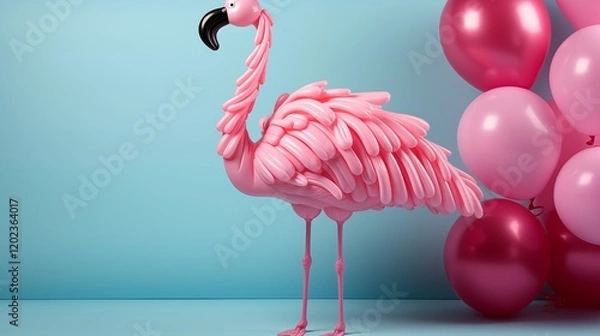 Fototapeta Stylish pink inflatable flamingo on a pool, ideal for vacation and beach party promotions, studio view.