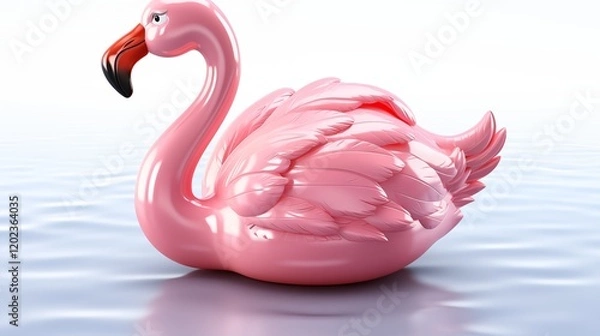 Fototapeta A pink inflatable flamingo floating on water, perfect for summer fun and pool party themes, studio view.