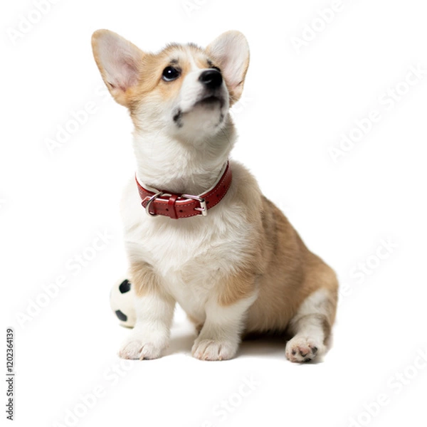 Fototapeta happy Welsh Corgi Pembroke Puppy Sitting, isolated on white