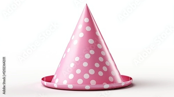 Fototapeta A playful pink party hat decorated with white polka dots, perfect for celebrations, studio view.