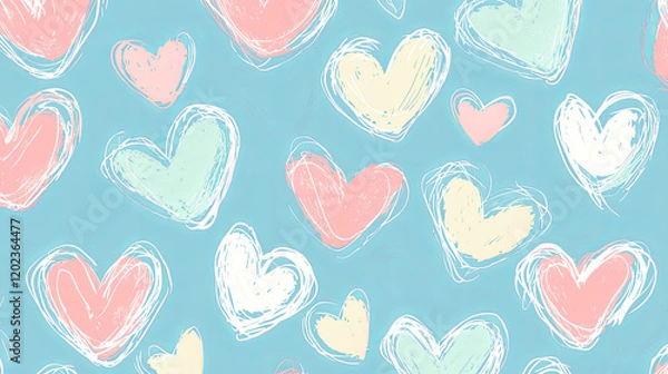 Fototapeta Blue background with hearts in different colors and sizes