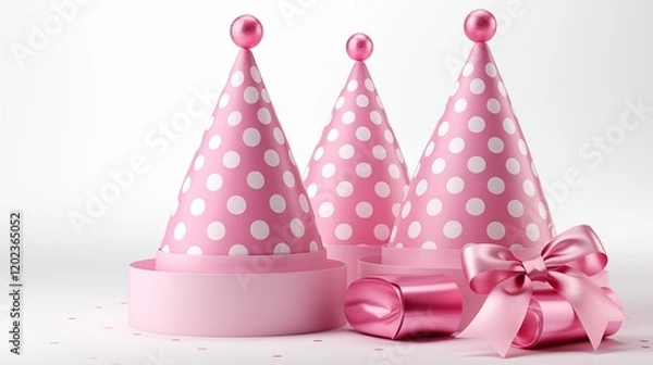 Fototapeta Bright pink party hat with white polka dots, adding fun to any festive occasion, studio view.