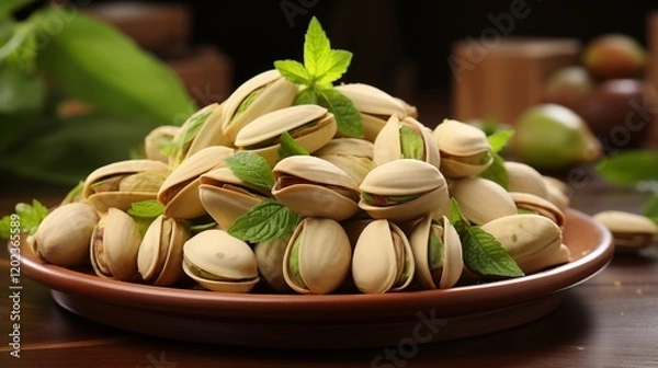 Fototapeta Pistachio nuts spilling onto a white surface from a small rustic jar, studio view.