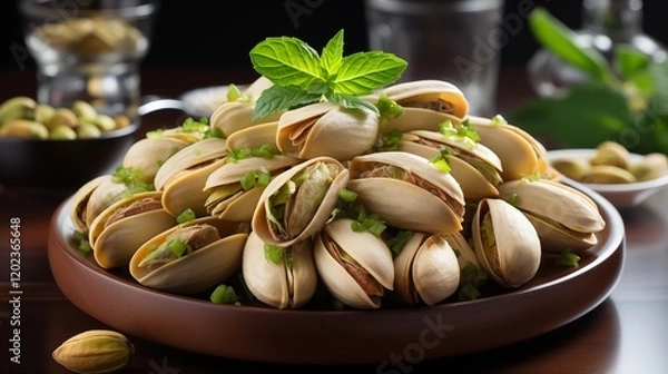Fototapeta Close-up of shelled pistachio nuts spilling from a rustic burlap sack, studio view.