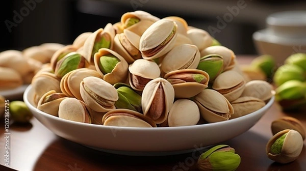Fototapeta Pistachio nuts in their shells, showcasing their vibrant green and natural flavors, studio view.