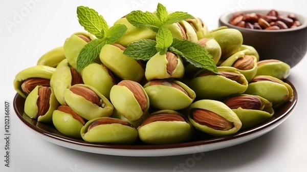 Fototapeta Fresh pistachio nuts with shells, offering a crunchy and healthy snack, studio view.