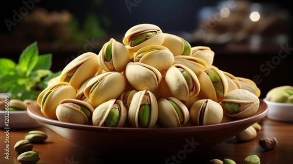 Fototapeta Shelled pistachio nuts arranged in a decorative bowl on a wooden surface, studio view.