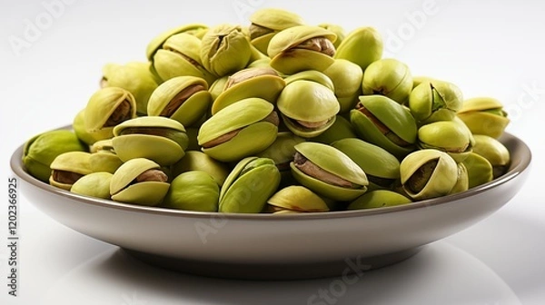 Fototapeta Fresh pistachio nuts with vibrant green kernels, perfect for snacking or desserts, studio view.