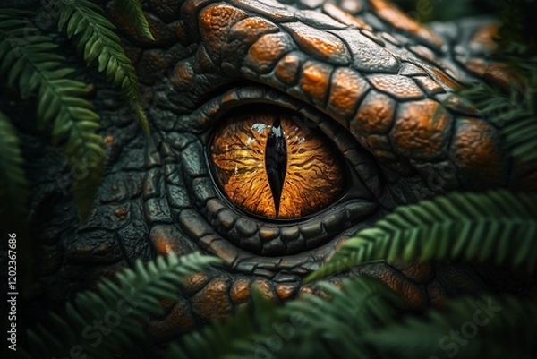 Obraz Close-Up View of Dinosaur Eye With Golden Details Among Jungle Foliage