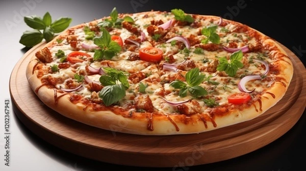 Fototapeta A tempting pizza with crispy crust and rich, flavorful toppings, ideal for casual dining, studio view.