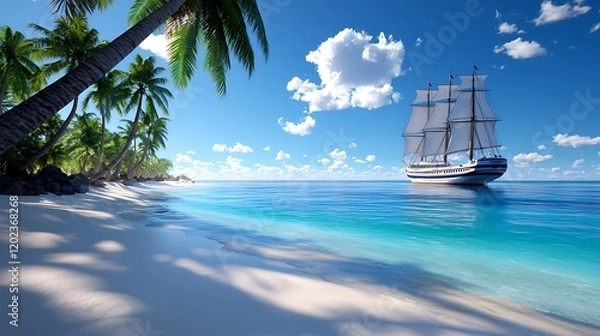 Fototapeta Tranquil Tropical Beach with Sailboat and Palm Trees