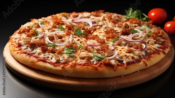 Fototapeta Delicious pizza with melted cheese and vibrant toppings, ready for sharing, studio view.