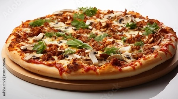 Fototapeta A freshly baked pizza with golden crust and rich toppings, ready to serve, studio view.