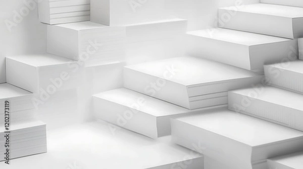 Fototapeta Minimal white book stairs arranged with precision on clean white backdrop