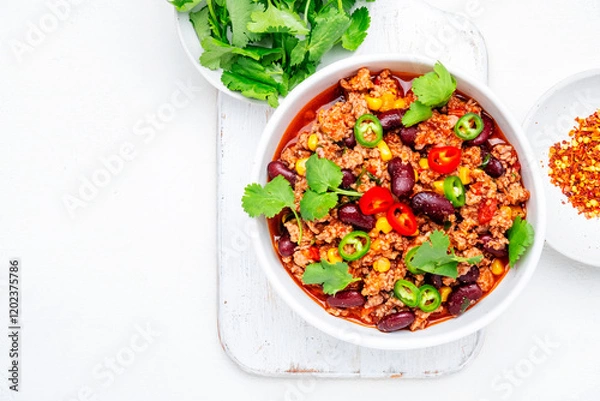 Fototapeta Chili con carne with minced beef, beans, paprika, corn, cilantro, jalapeno pepper in tomato sauce, white background, top view