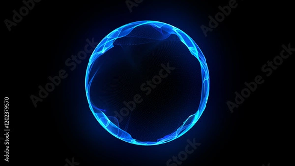 Fototapeta Blue technology 3d sphere of glowing particles and energy waves. Future technology, science, and artificial intelligence background. Big data, AI virtual assistant. Futuristic digital 3d orb. 