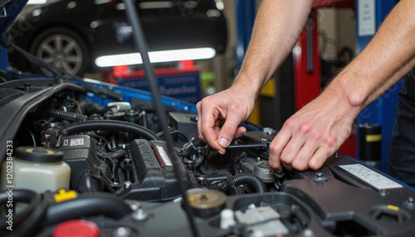 Fototapeta Mechanic fixing engine components in automotive workshop